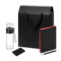 Подарочный набор Welcome Pack, черный/красный (бутылка, ежедневник, ручка, ЗУ, коробка-пакет)